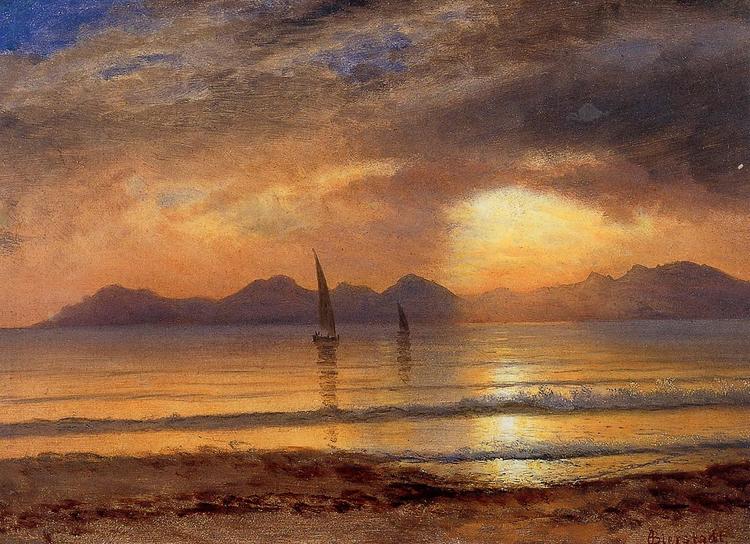 Albert Bierstadt Oil Painting Sunset over a Mountain Lake - Click Image to Close